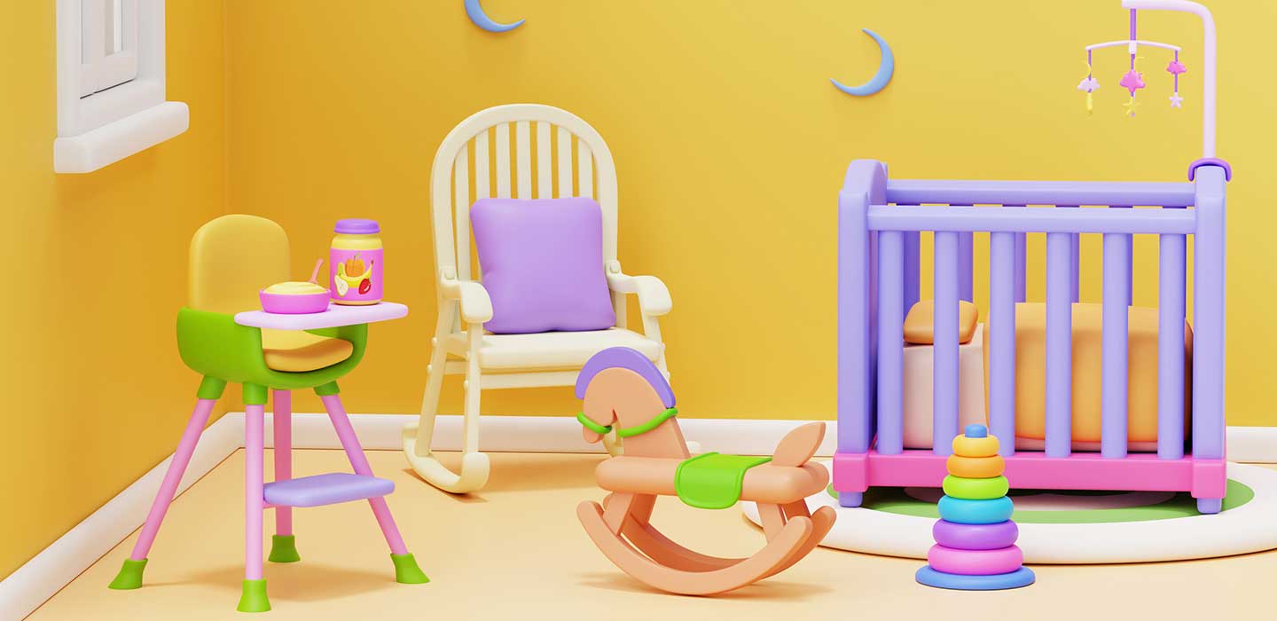 Illustration d'une chambre de bébé avec chaise haute, berceau et jouets - Baby Music